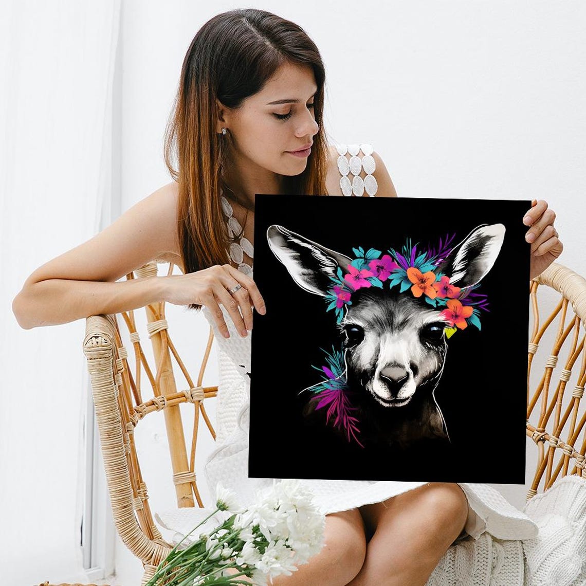 Kangaroo Wearing Tropical Floral Crown Boho Black Animal Wall Poster - Image 3