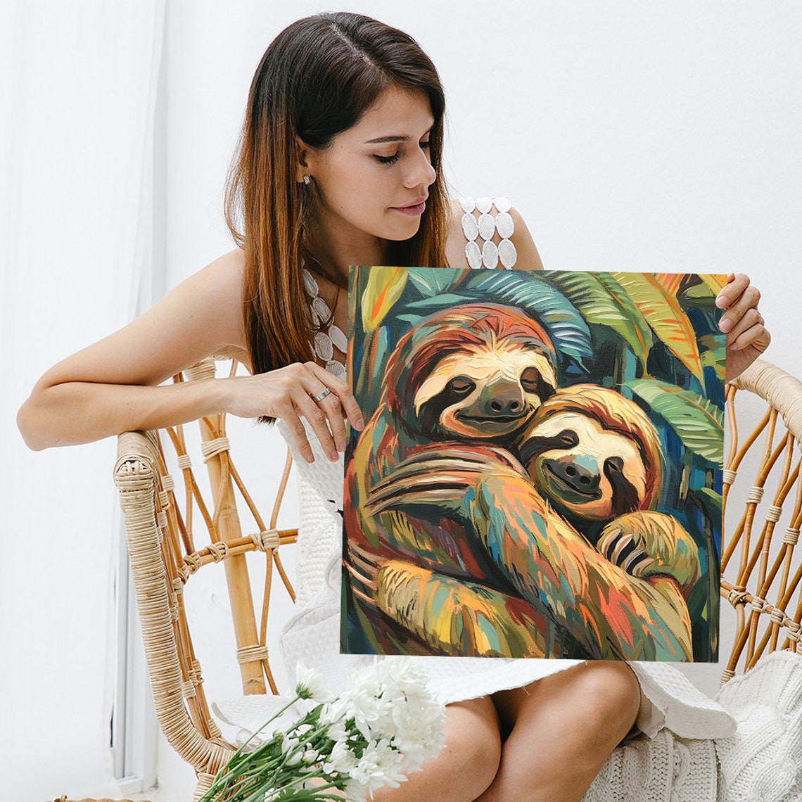Two Sloths Hugging Tropical Leaves Painterly Wall Art Poster - Image 3