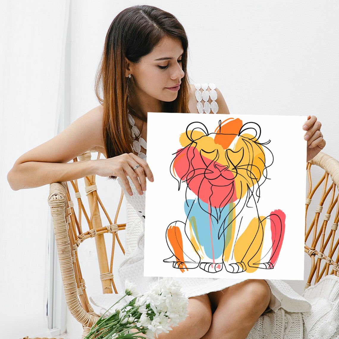 Abstract Lion One Line Drawing Bold Color Blocks Modern Animal Poster - Image 3