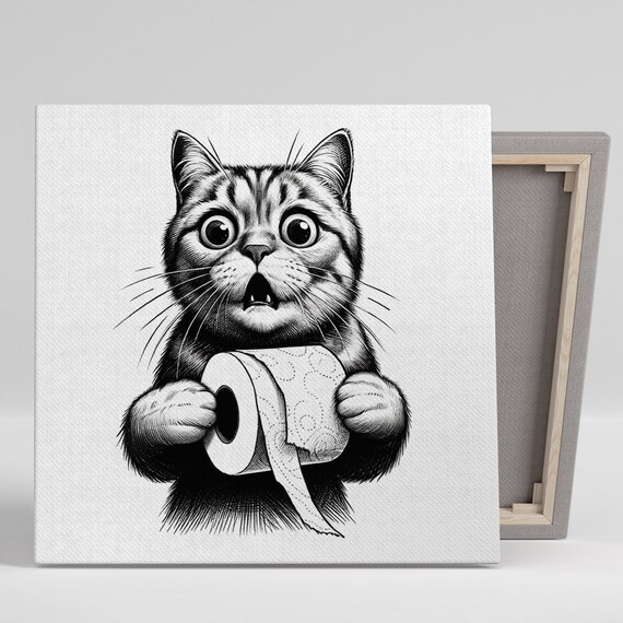 Shocked Cat Toilet Paper Funny Black White Sketch Bathroom Humor Wall Art Poster