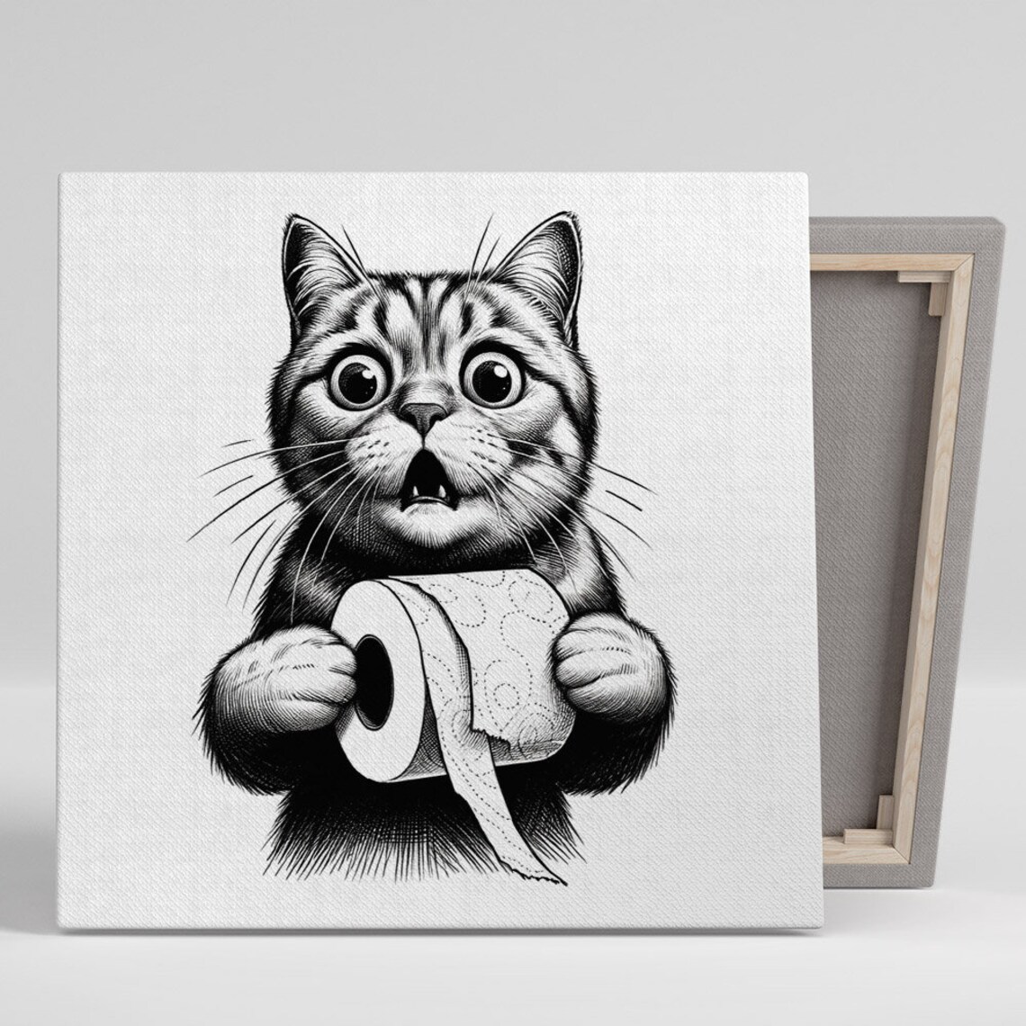 Shocked Cat Toilet Paper Funny Black White Sketch Bathroom Humor Wall Art Poster