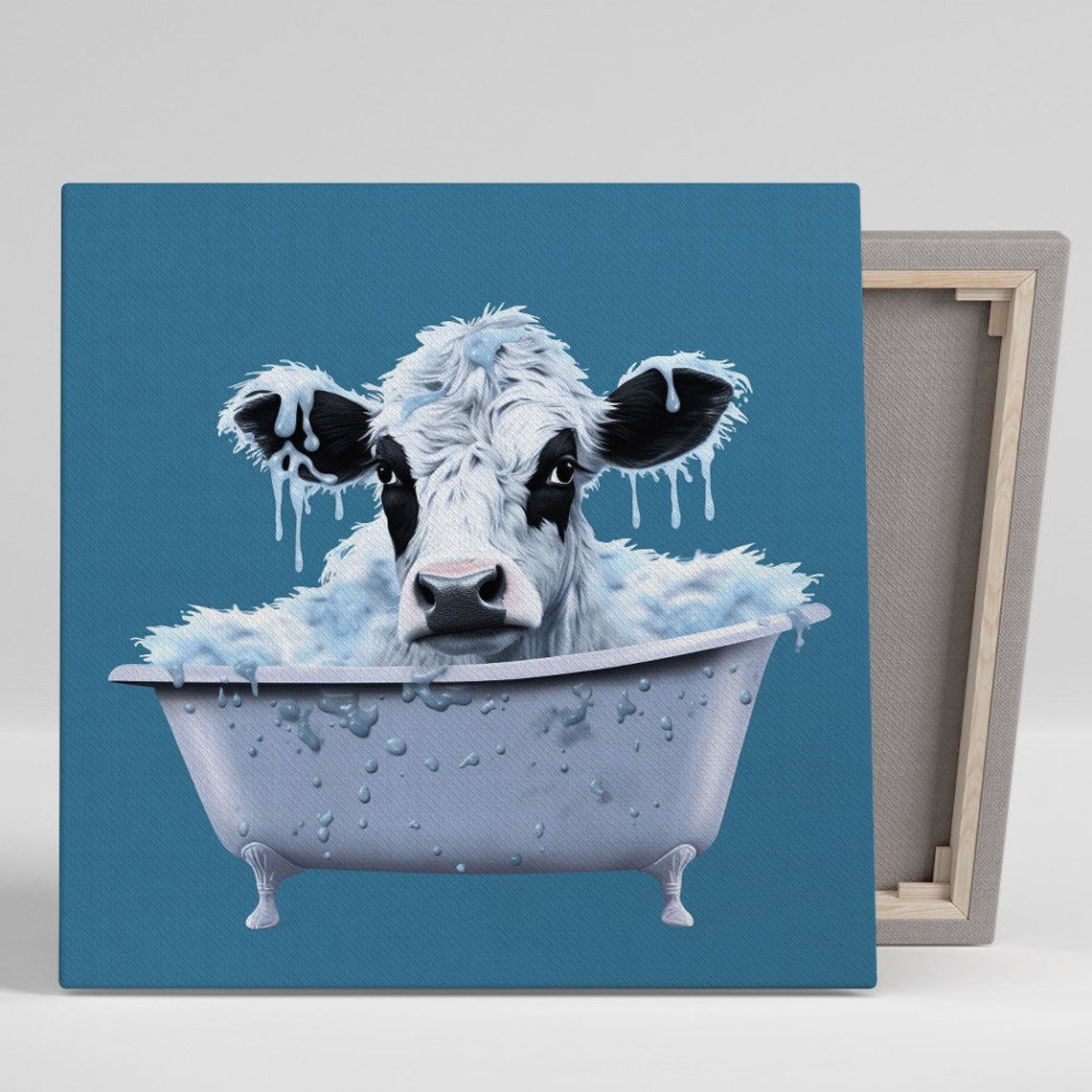 Whimsical Cow in Bubble Bath Tub Cute Farm Animal Bathroom Poster