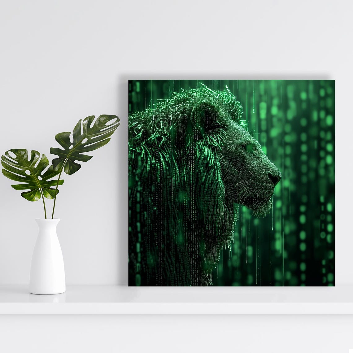 Lion Profile Formed Of Green Digital Code Rain Modern Art Poster - Image 2