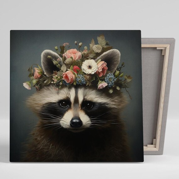 Raccoon Floral Crown Portrait Boho Woodland Animal Flower Art Poster