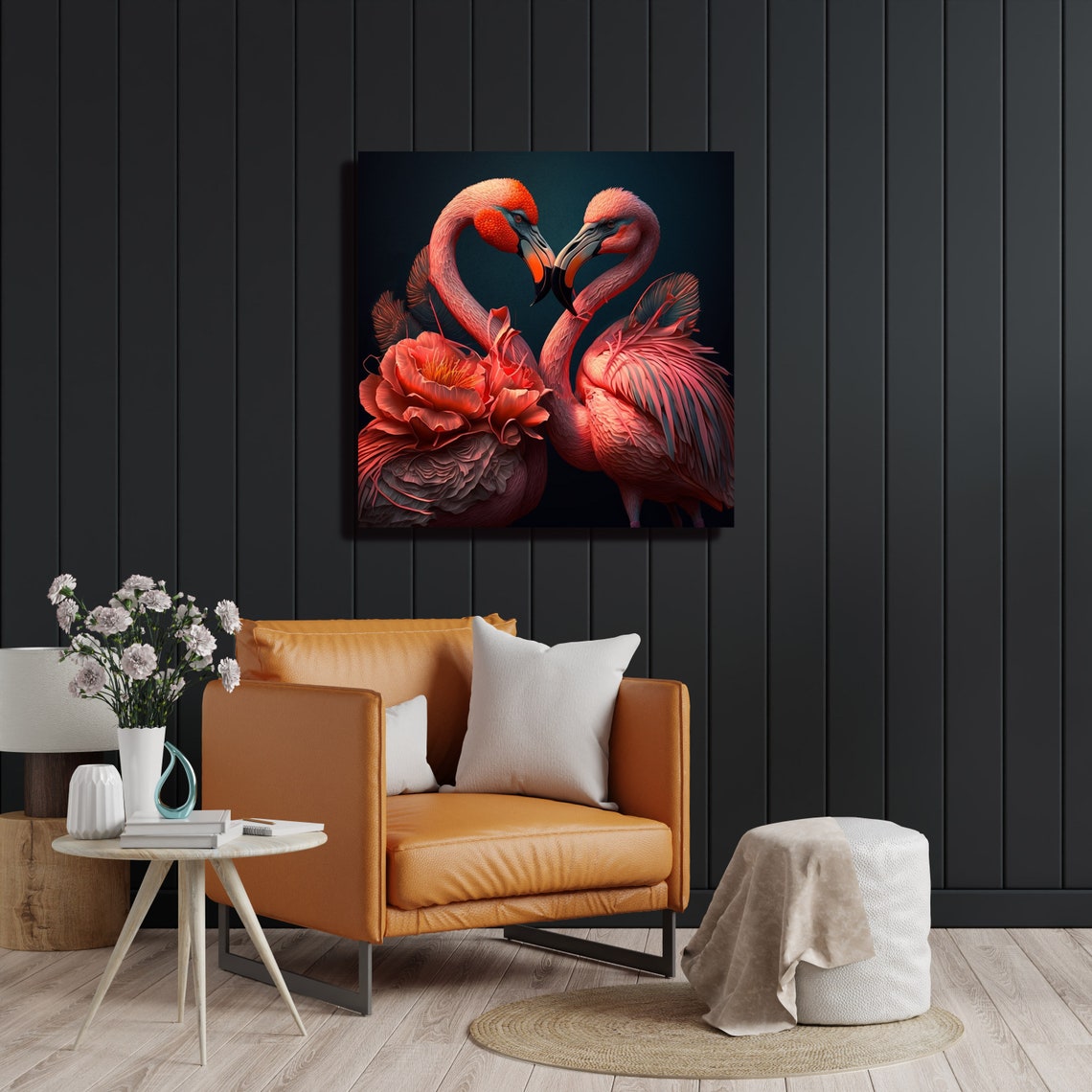 Two Flamingos Facing Each Other Romantic Pair With Bloom Flower Poster - Image 2
