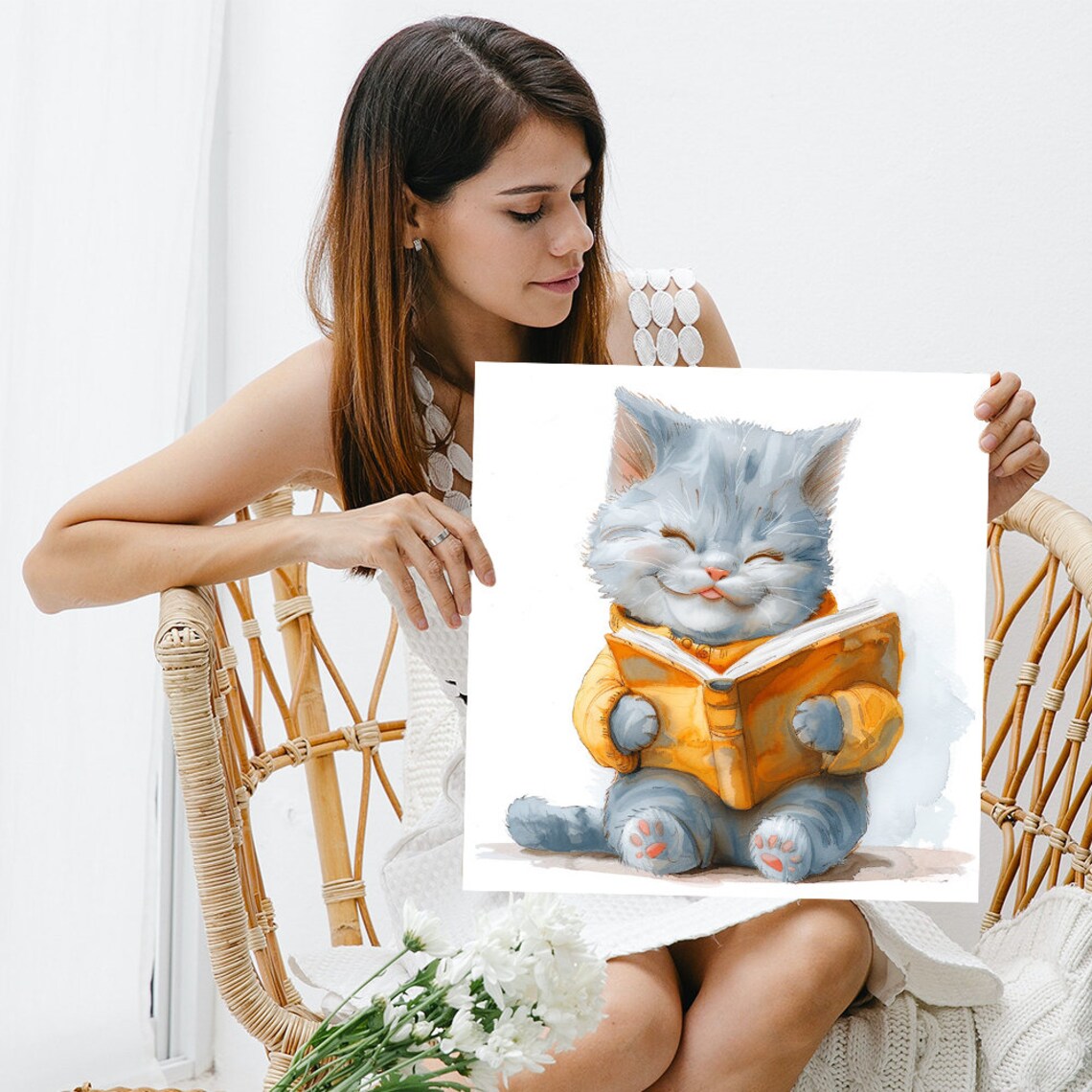 Smiling Kitten Reading Book Yellow Sweater Watercolor Cute Nursery Poster - Image 3