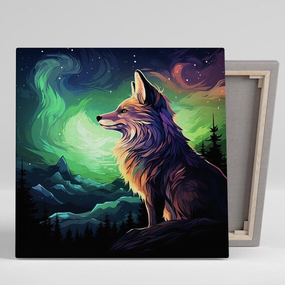 Wolf Gazing At Northern Lights Aurora Over Mountain Peaks Poster