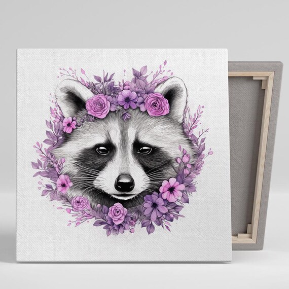 Sweet Raccoon Portrait Purple Floral Wreath Roses Bohemian Wall Art Print