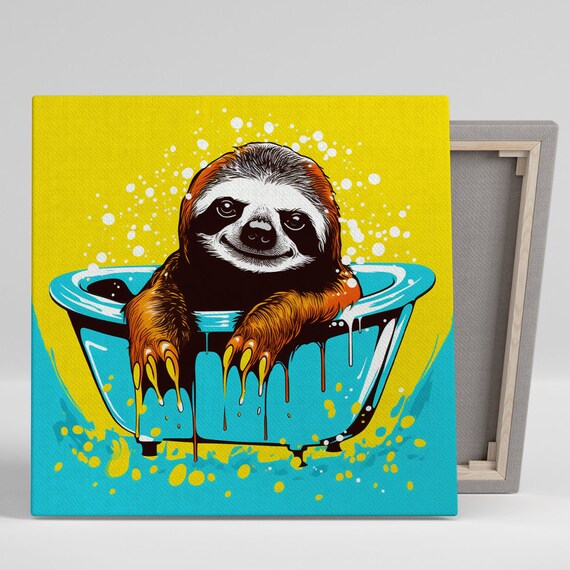 Smiling Sloth Bathing In Blue Tub Bold Yellow Pop Art Bathroom Wall Poster