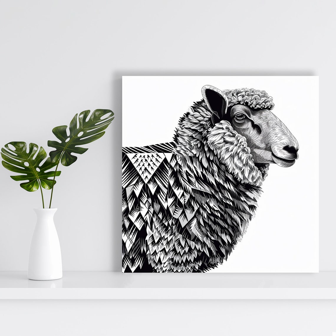 Geometric Sheep Portrait Black White Modern Animal Wall Art Print - Image 2