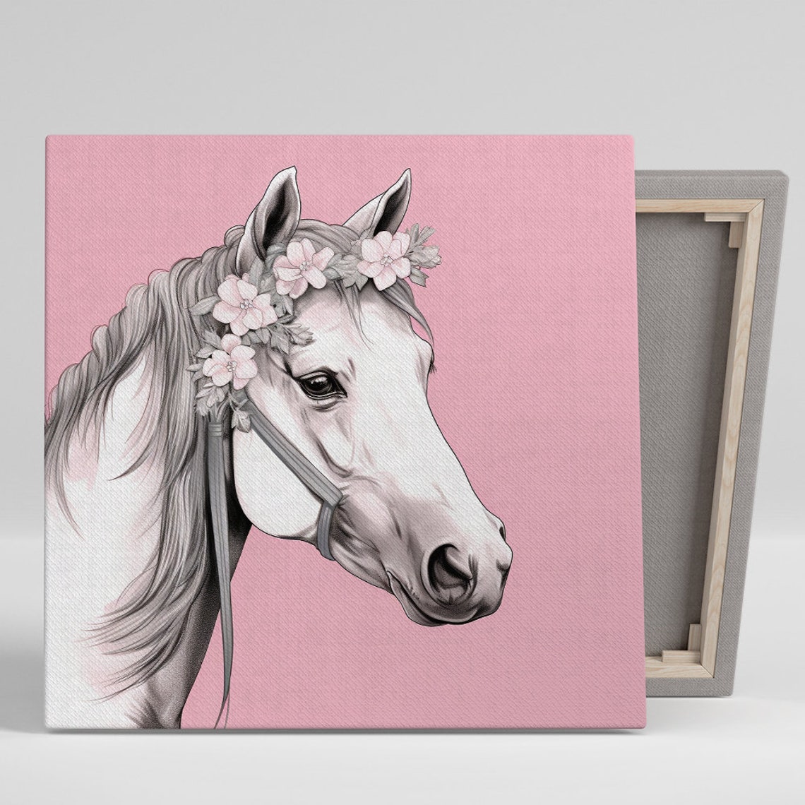 White Horse Flower Crown Portrait Pink Whimsical Equestrian Poster