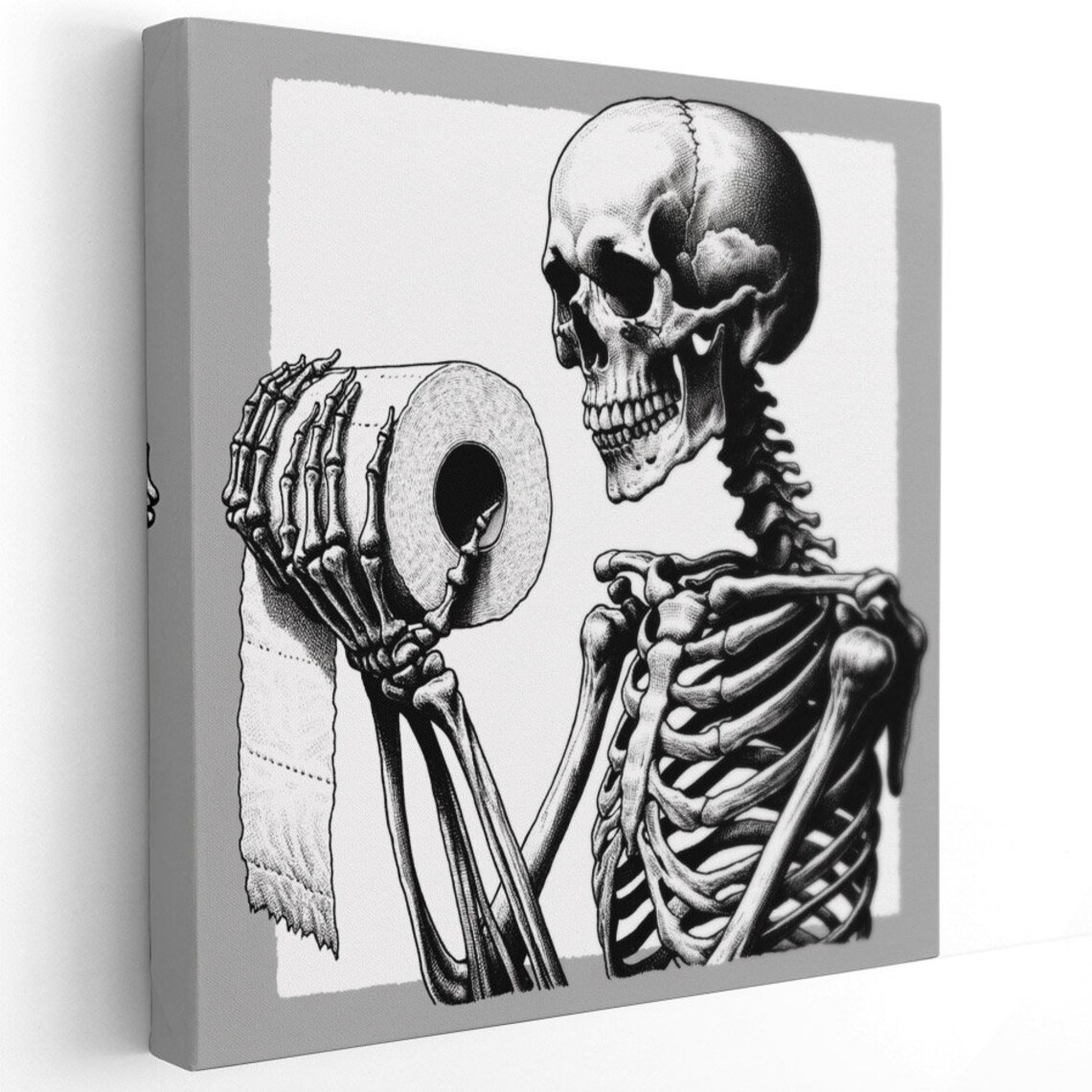Skeleton Holding A Toilet Paper Roll Detailed Gothic Sketch Funny Bathroom Poster - Image 2