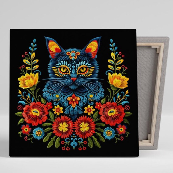 Folk Floral Blue Cat Black Background Embroidered Style Animal Poster