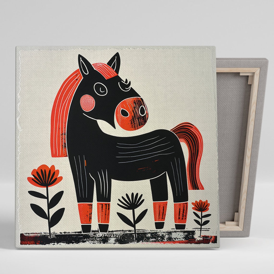 Retro Folk Horse Illustration Black Red Floral Nursery Wall Poster