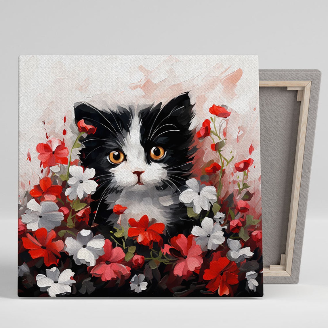 Black And White Kitten Among Red Flowers Cute Floral Cat Canvas Poster
