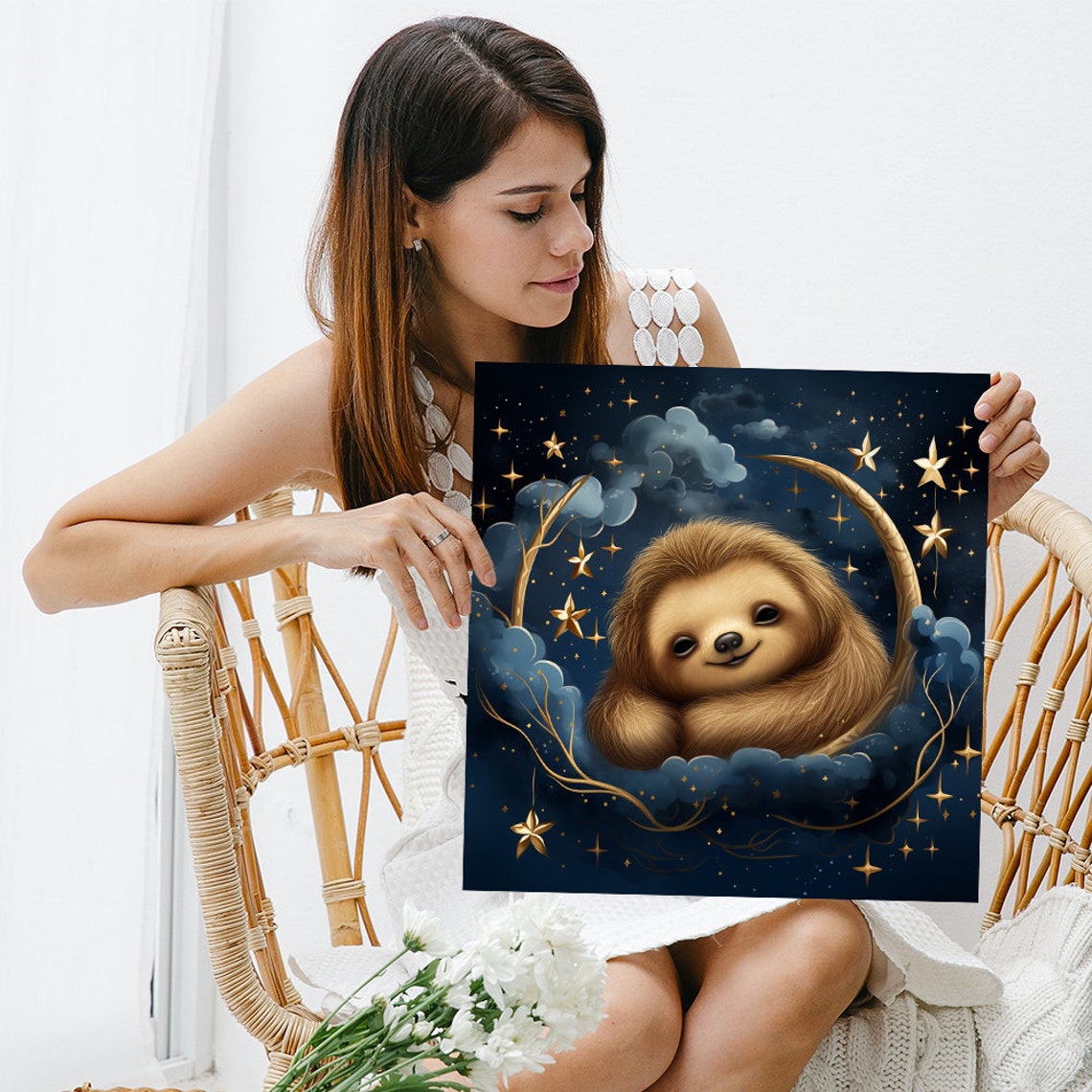Sleeping Sloth Crescent Moon Night Sky Whimsical Nursery Decor Poster - Image 3