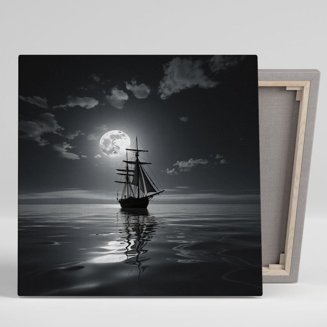 Tall Sailing Ship Under Full Moonlight On Calm Ocean Night Poster