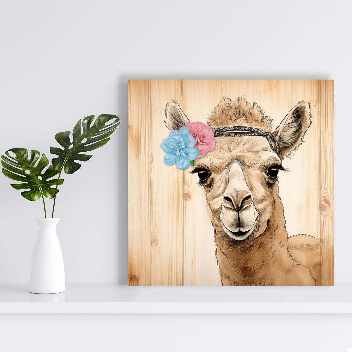 Bohemian Alpaca Flower Crown Smile Wood Background Animal Art Poster - Image 2