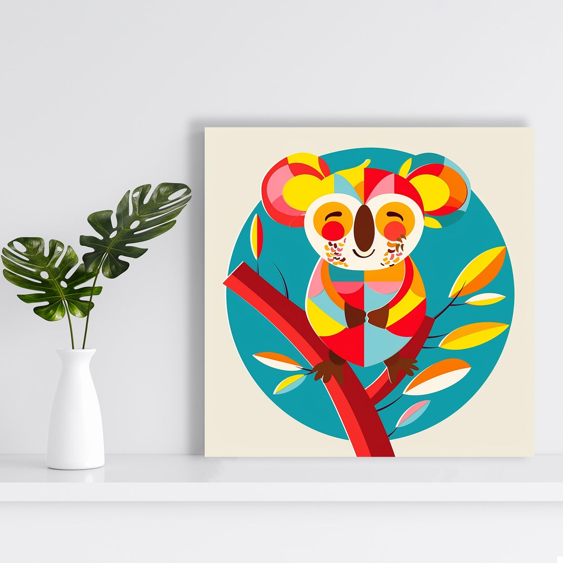 Cute Geometric Koala Branch Teal Red Yellow Playful Kids Art Poster - Image 2