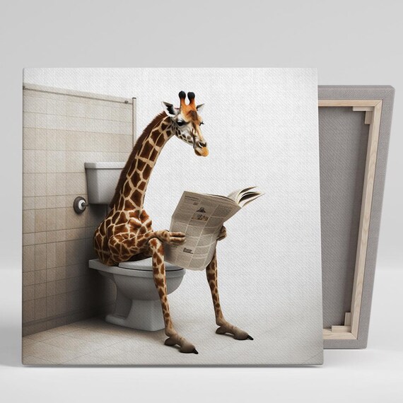 Giraffe on Toilet Reading Newspaper Funny Bathroom Animal Art Poster