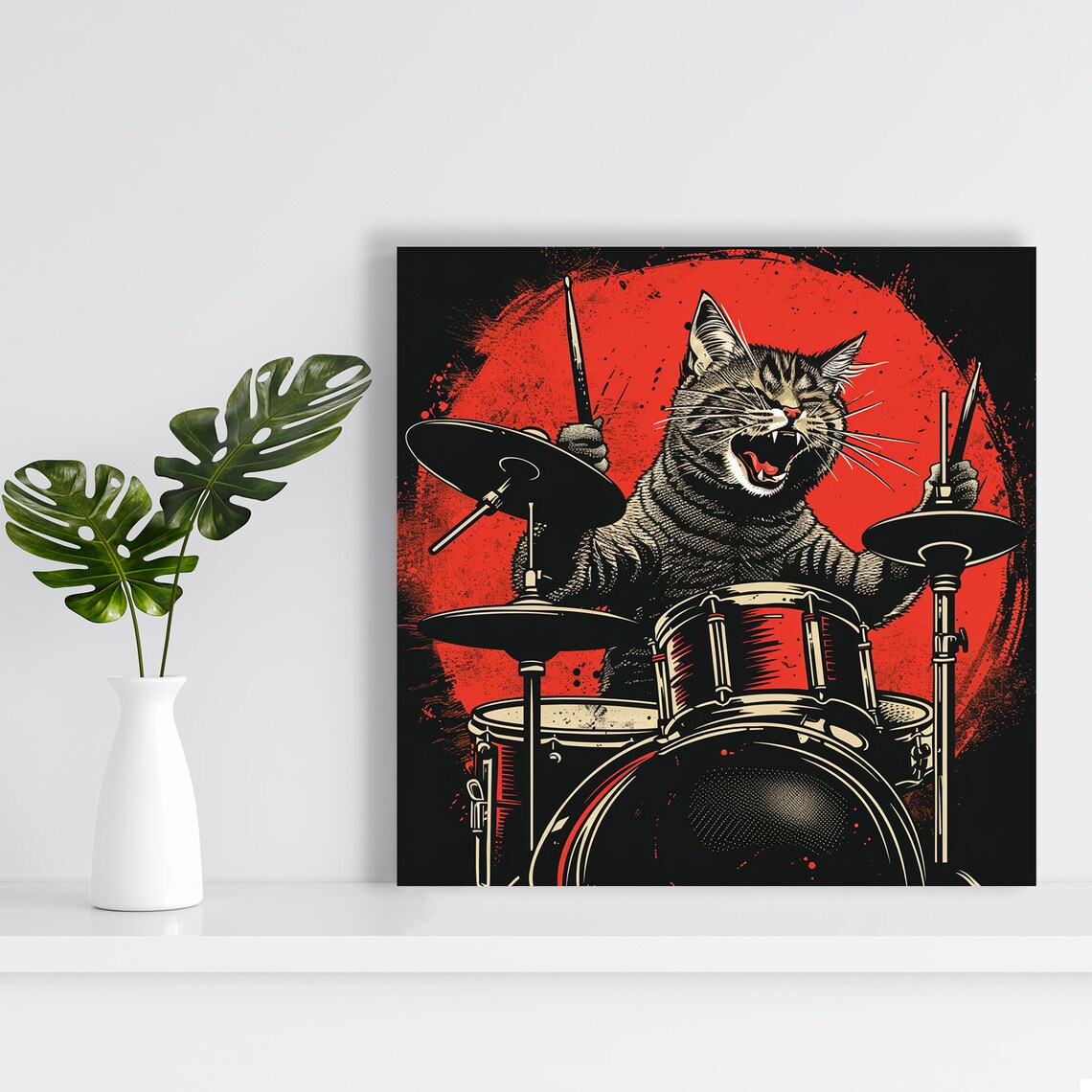 Rock N Roll Feline Drummer, Whimsical Poster Print - Image 2