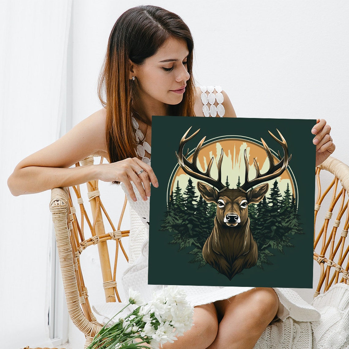 Deer Stag Antlers Pine Forest Sunset Vintage Rustic Cabin Wall Poster - Image 3