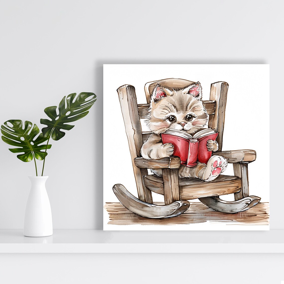 Sweet Kitten Reading Red Book In Rocking Chair Nursery Art Poster - Image 2