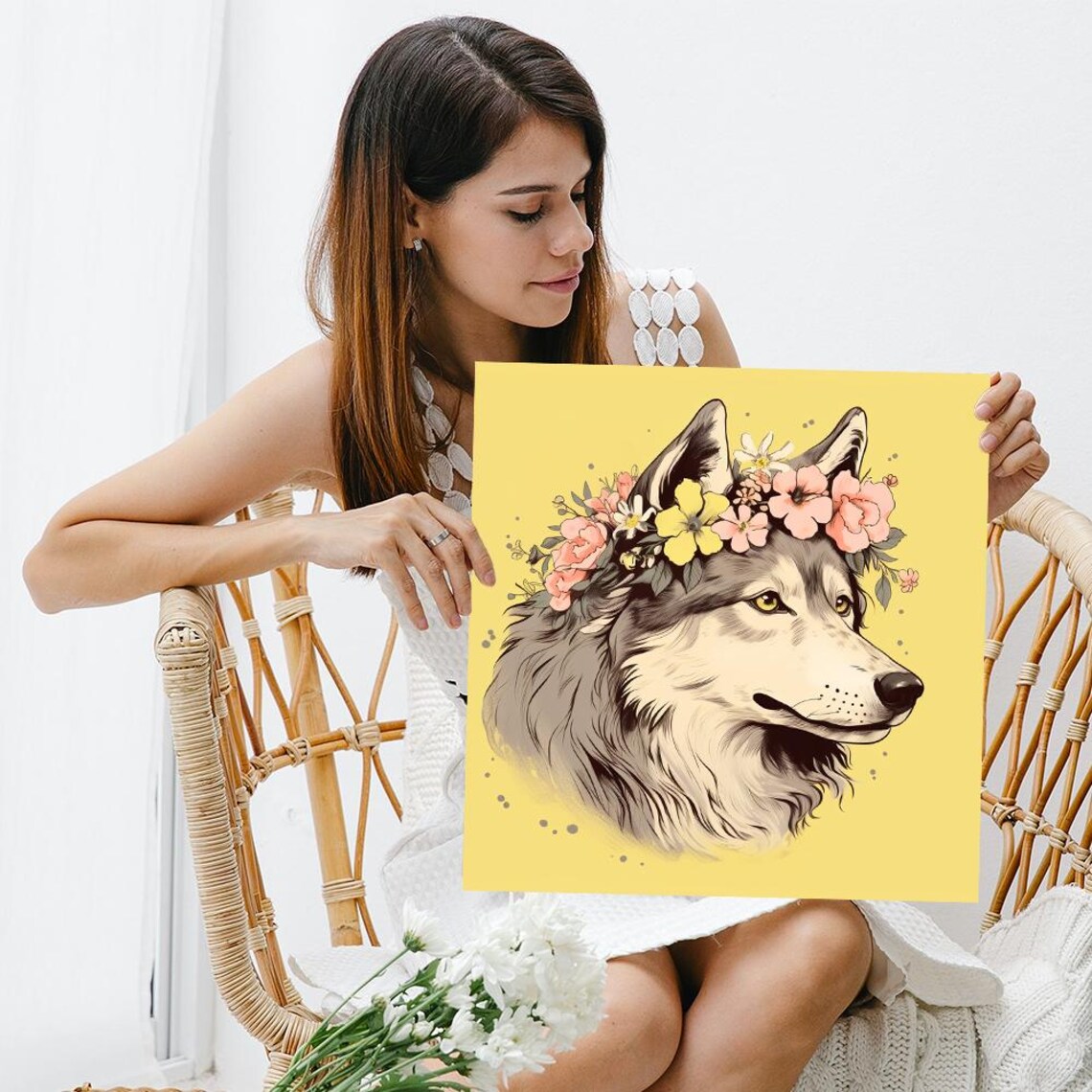 Wolf With Flower Crown Pastel Yellow Whimsical Wildlife Illustration Art Poster - Image 3