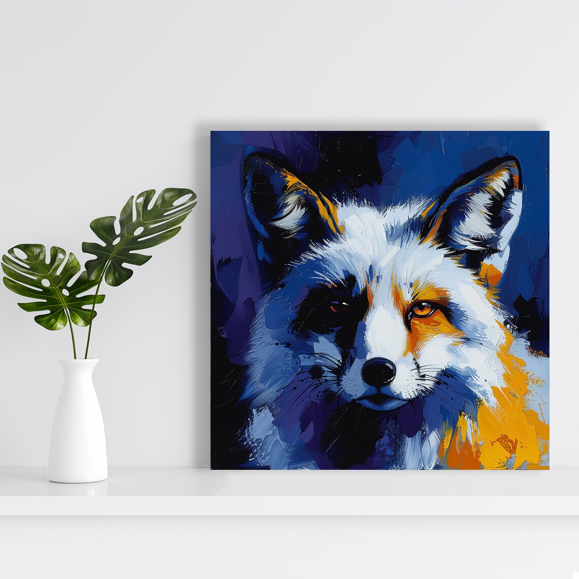 Fox Portrait Blue Orange Dramatic Oil Paint Style Wildlife Wall Art Print - Image 2
