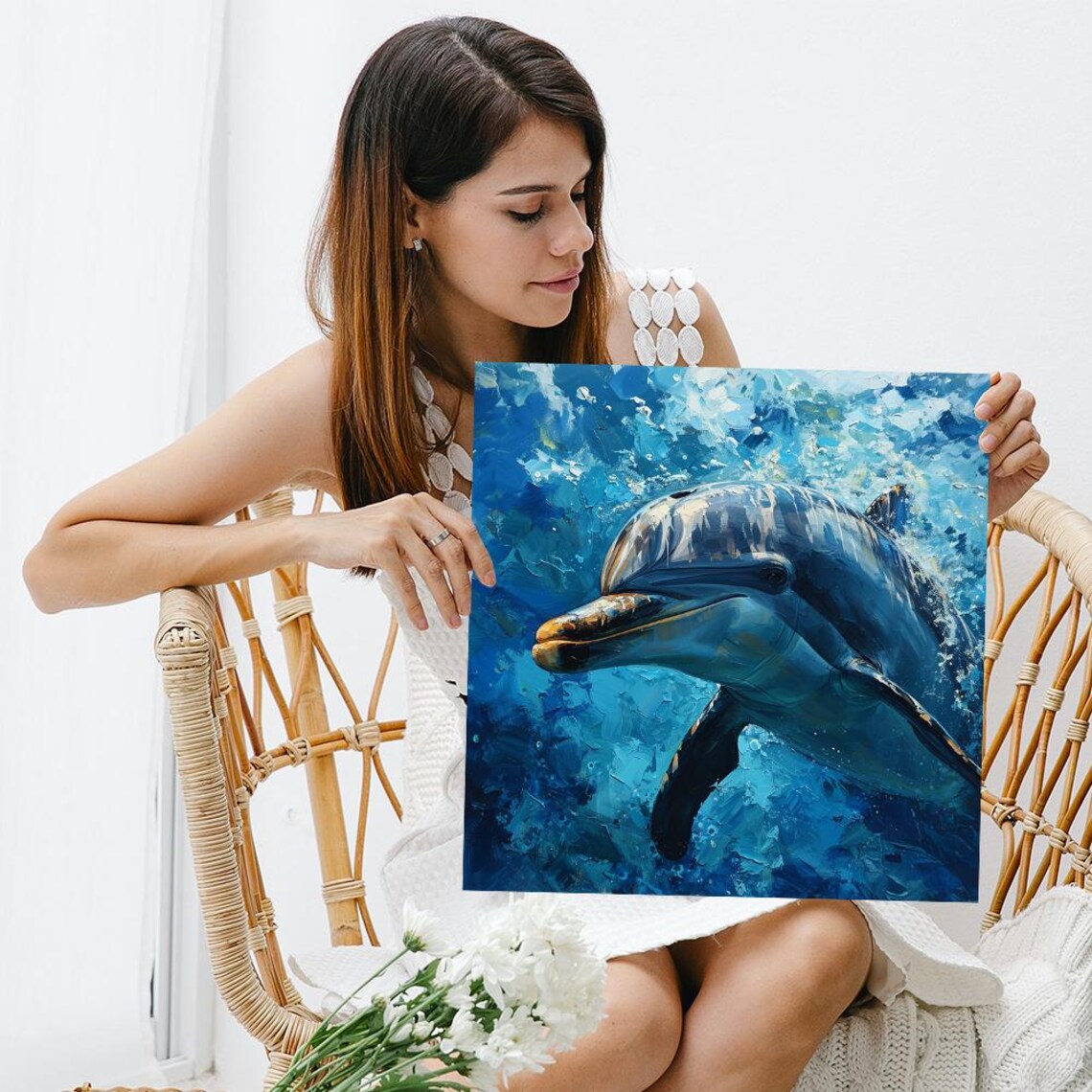 Dolphin Underwater Blue Impasto Oil Painting Ocean Wave Marine Poster - Image 3