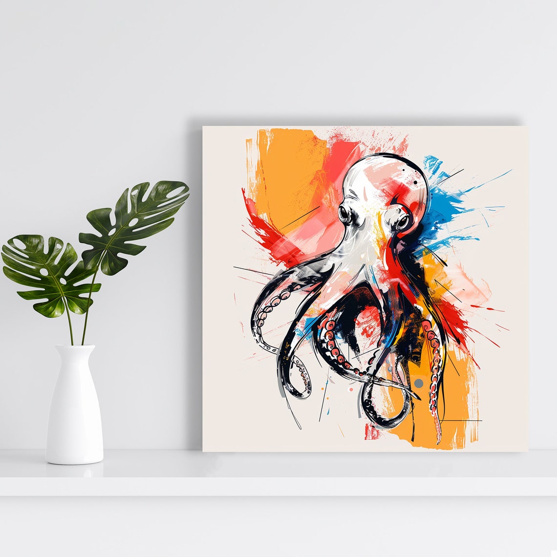Abstract Octopus Ink Splash Red Blue Orange Contemporary Poster - Image 2