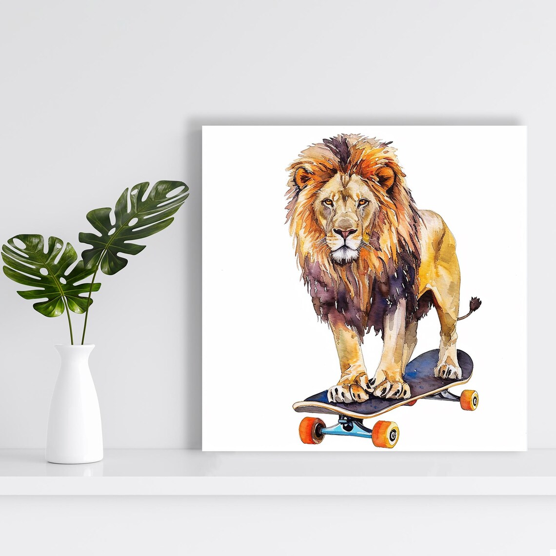 Lion Riding Skateboard Watercolor Whimsical Animal Fun Kids Room Wall Art Poster - Image 2