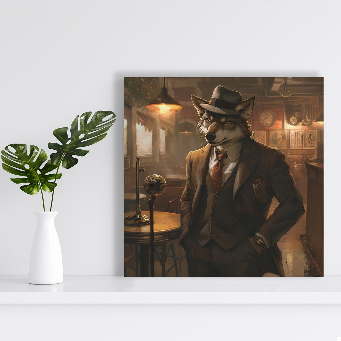 Dapper Wolf Noir Suit Fedora Vintage Jazz Bar Moody Animal Wall Art Print - Image 2
