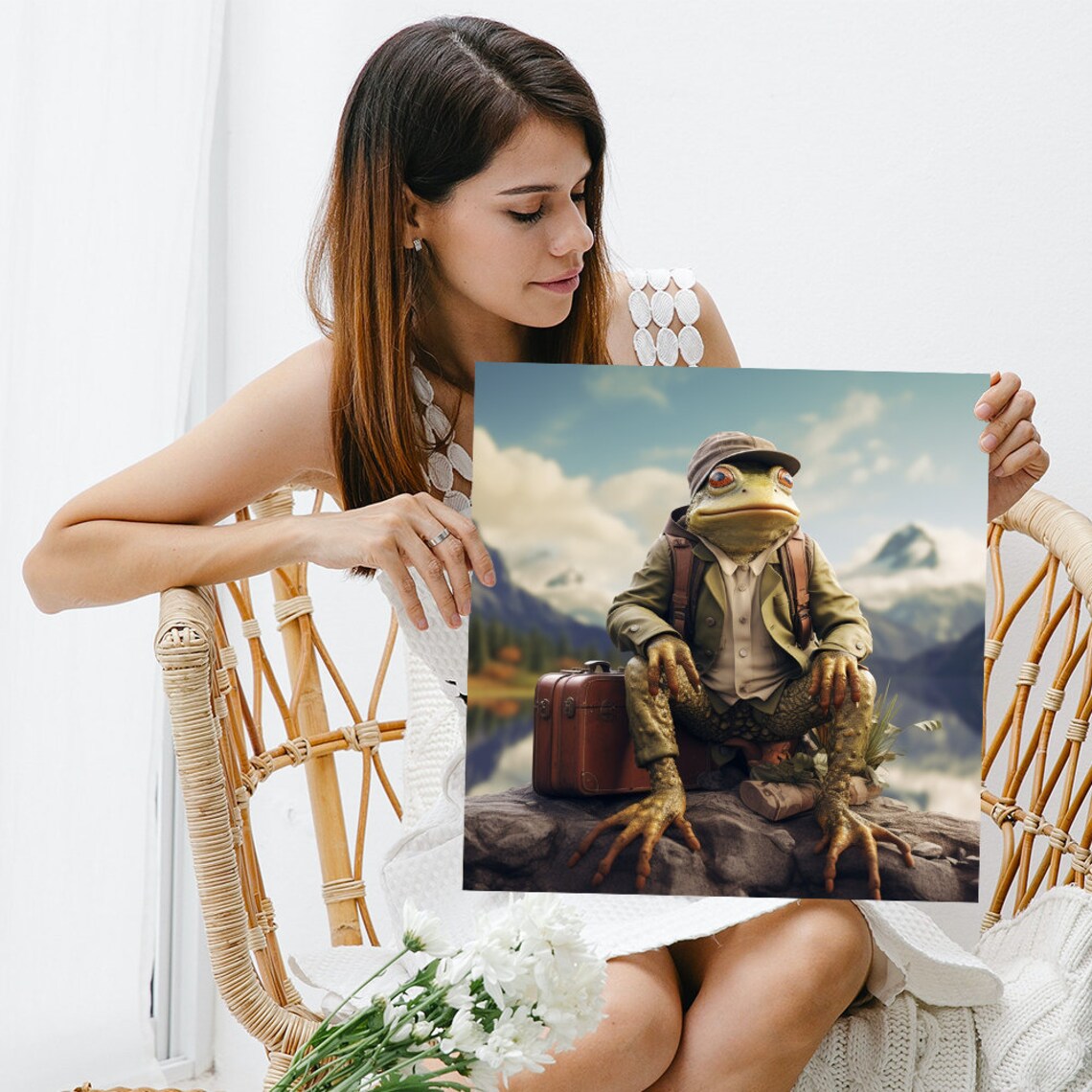 Frog Explorer Traveler Suitcase Mountain Lake Whimsical Adventure Poster - Image 3