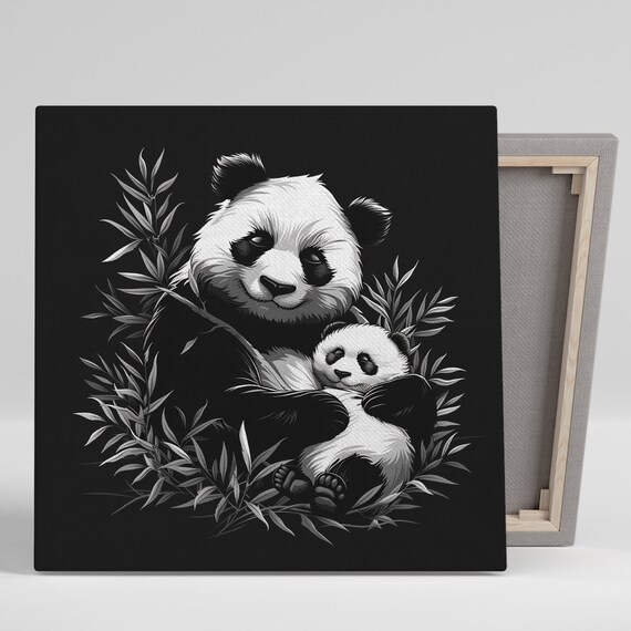 Panda Mother Hugging Cub Bamboo Black White Nature Wall Poster