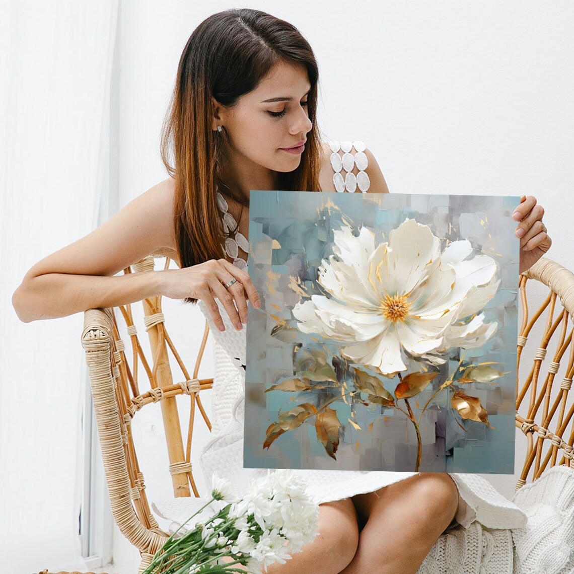 White and Gold Flower Wall Art Print, Botanical Decor - Image 5