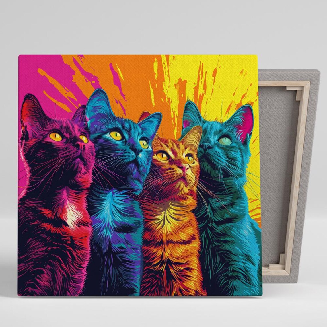 Colorful Cat Quartet Pop Art Neon Feline Portrait Wall Poster