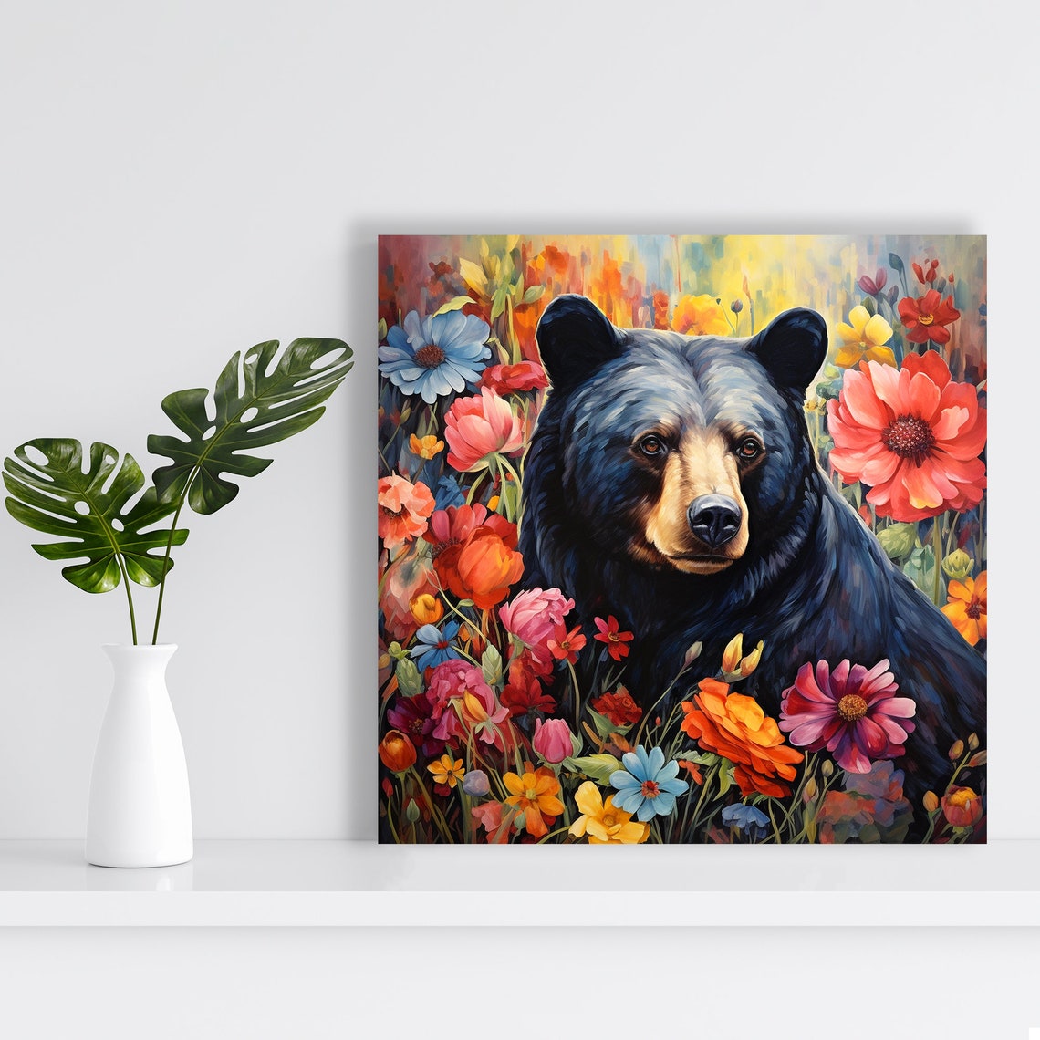 Black Bear Floral Boho Poster Vibrant Wildflower Portrait Animal Decor - Image 2