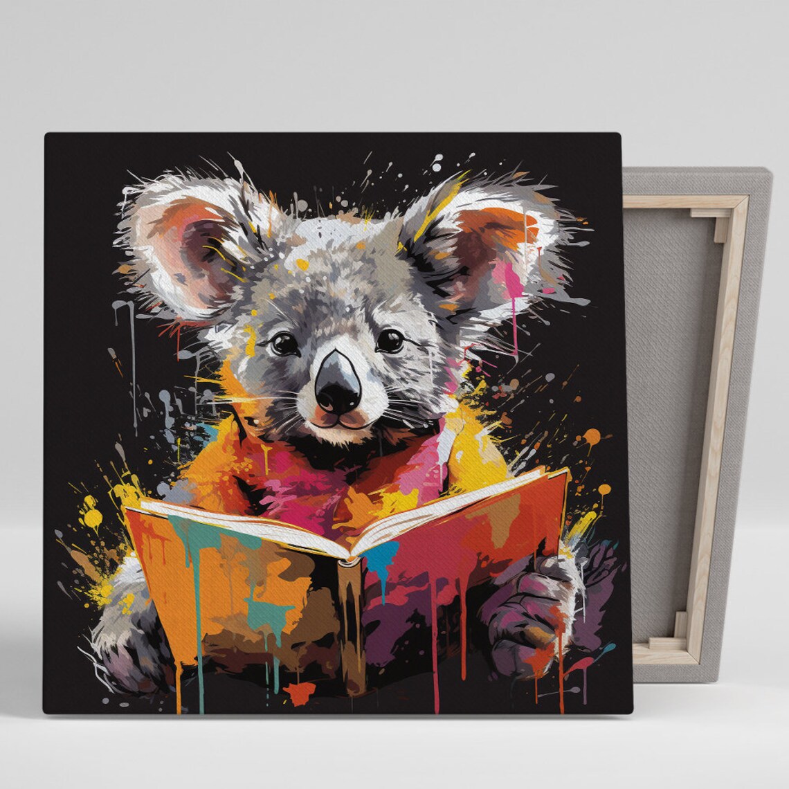 Colorful Koala Reading a Book Paint Splatter Art Poster for Book Lovers