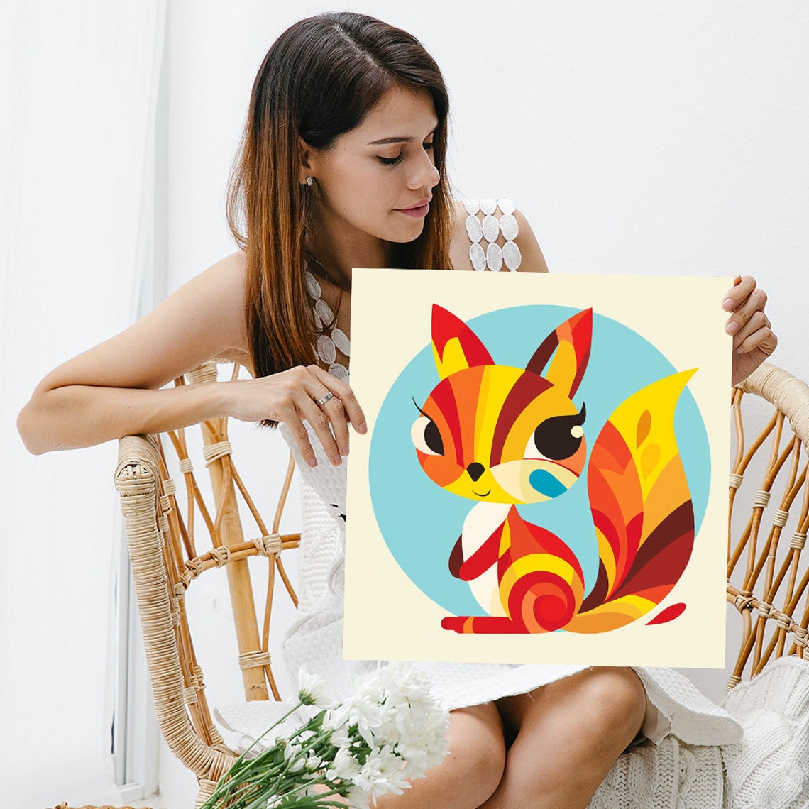 Geometric Fox Scandinavian Blue Red Yellow Modern Nursery Poster - Image 3