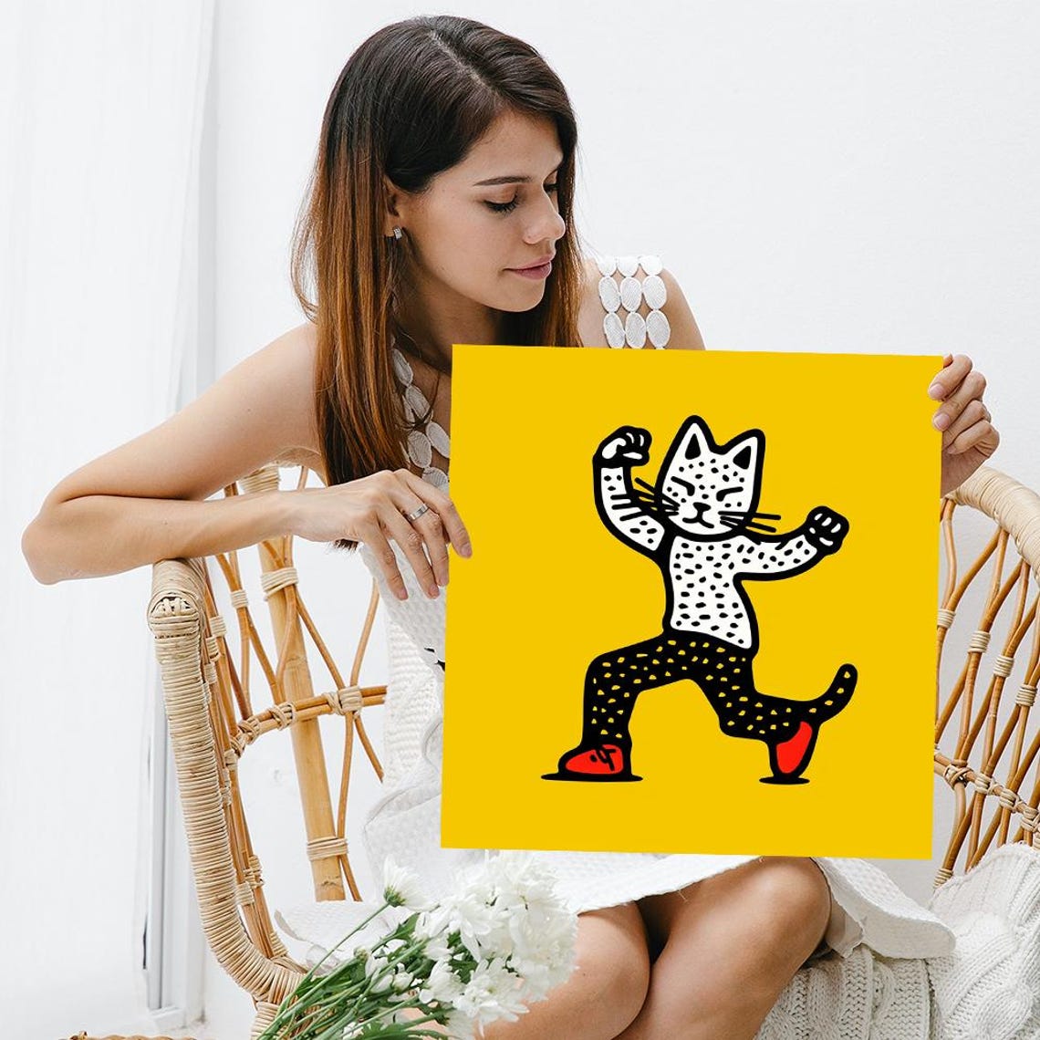 Dancing Cat Doodle Yellow Background Retro Cartoon Groove Wall Poster - Image 3