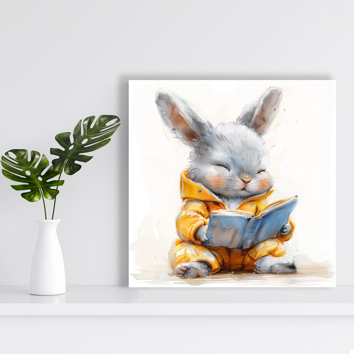 Cute Bunny Reading Book Yellow Raincoat Soft Watercolor Nursery Poster - Image 2