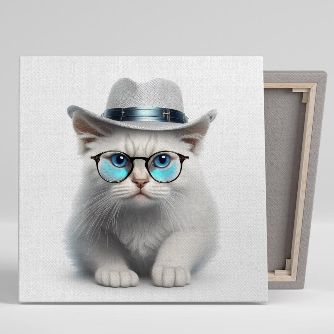 Hipster White Kitten in Fedora with Glasses Cute Dapper Animal Poster