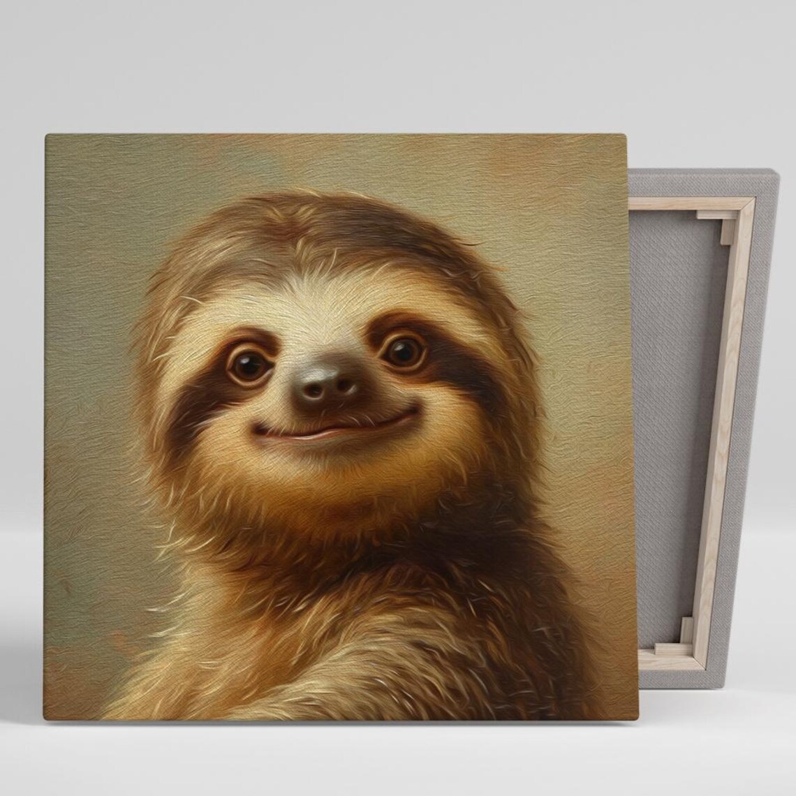 Smiling Sloth Portrait Warm Brown Oil Painting Cute Animal Poster