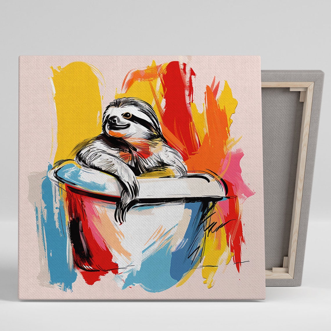Vibrant Sloth Relaxing in Colorful Bathtub Abstract Brushstroke Poster