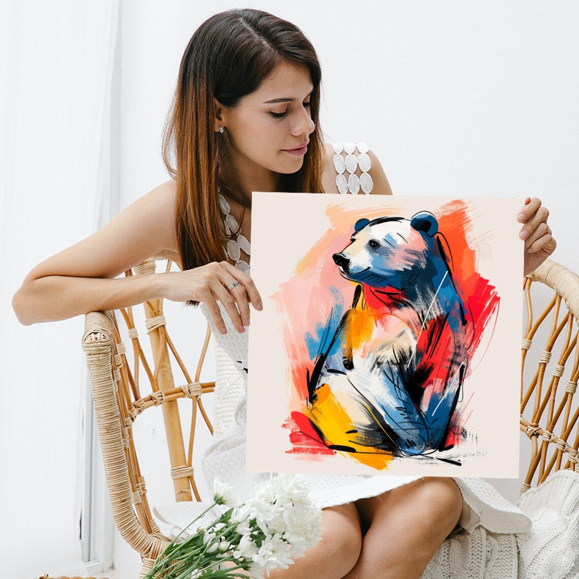 Polar Bear Abstract Red Blue Orange Brushstroke Modern Wall Art Poster - Image 3