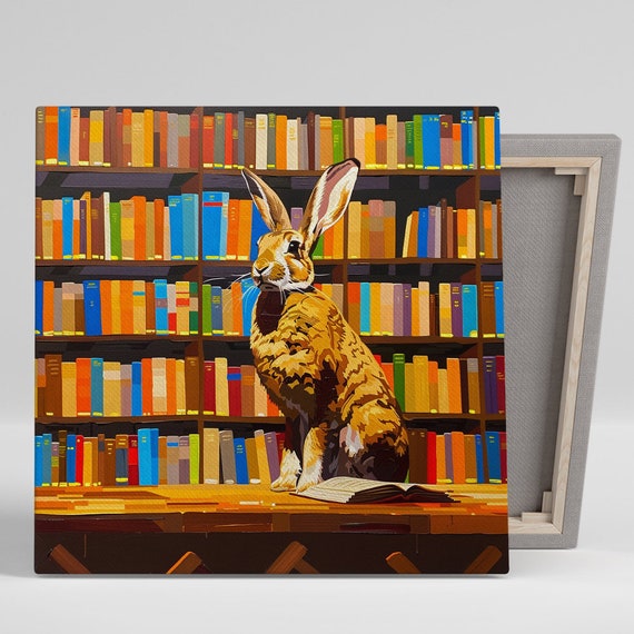 Rabbit Art Or Poster Whimsical Animal Decor Childrens Room Library Office Living Room Wall Art Multicolor Brown Orange Blue