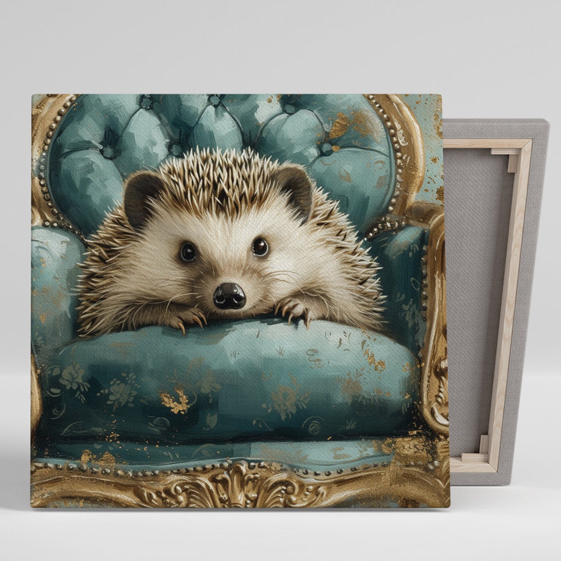 Regal Hedgehog On Throne Chair Poster Teal Gold Whimsical Animal Print