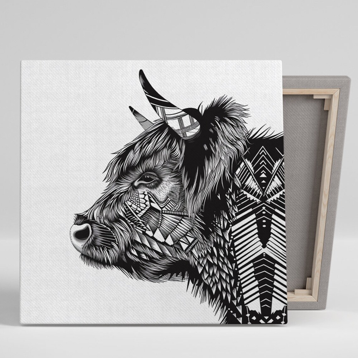 Highland Cow Geometric Line Art Black and White Tribal Poster