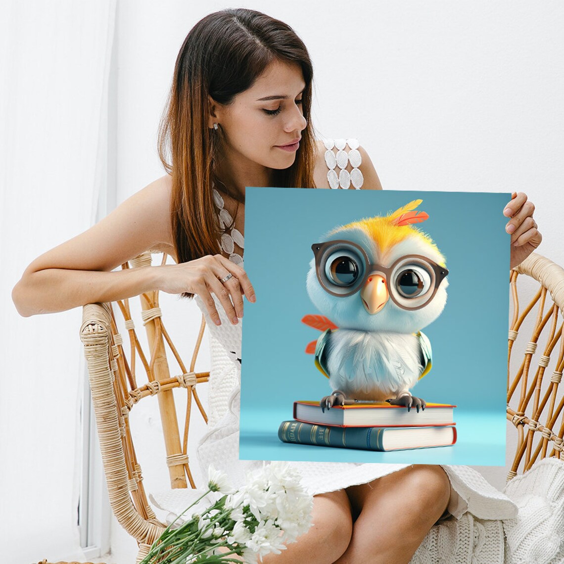Cute Baby Owl Glasses Books Whimsical Kids Room Animal Wall Poster - Image 3